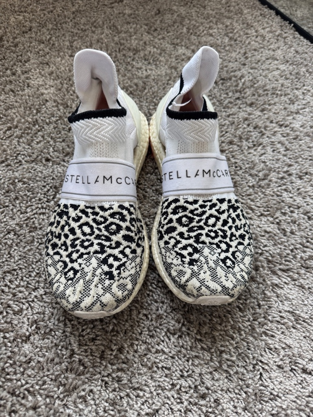 Stella McCartney x Adidas Black & White Leopard Knit Slip-On Sneakers